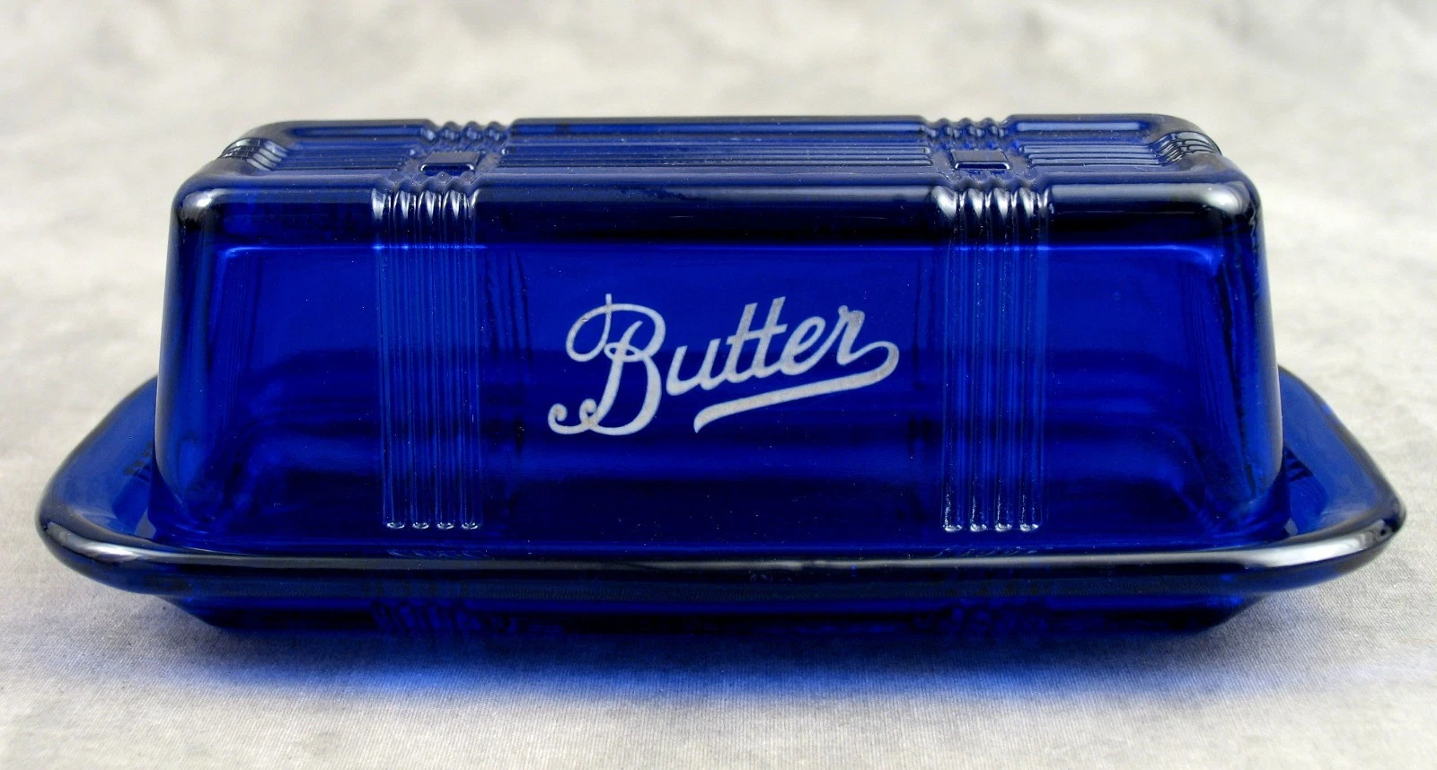 COBALT BLUE GLASS Crisscross BUTTER DISH Hazel Atlas Style LONG STICK
Opens in a new window or tab