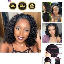 Human Hair Headband Wig Deep Wave 12 Inch Curly Natural Black for Women
