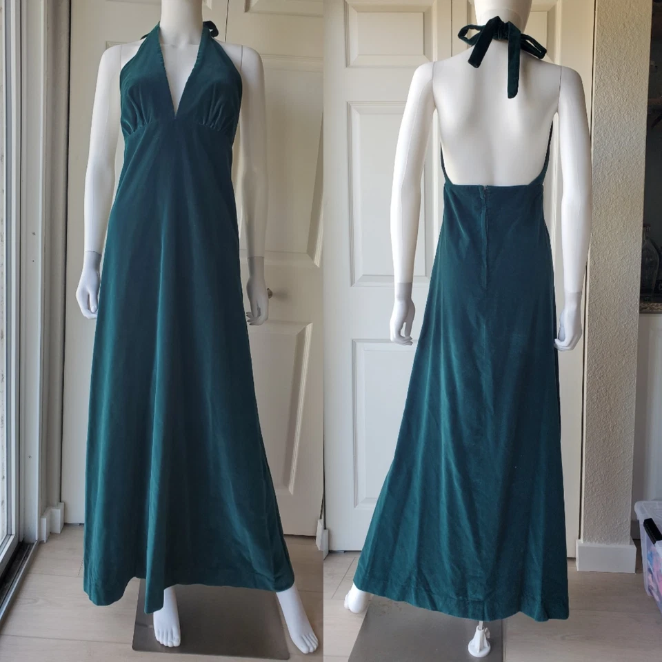 Maxi Vestido Irving Nadler Vintage Años 70 Terciopelo Verde Halter Talla 9 Foto 2 de 4