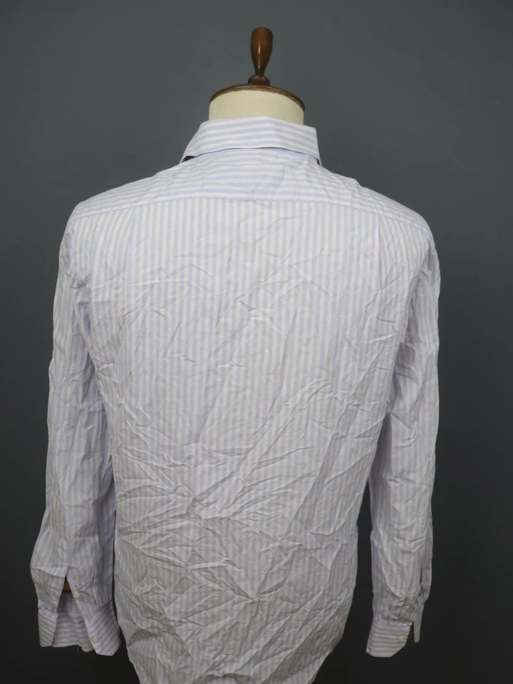 Luigi Borrelli Napoli Blue White Striped 100% Cotton Collar Dress Shirt Size 43 - Image 4 of 4