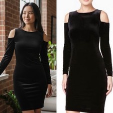 calvin klein black velvet cold shoulder sheath midi dress Size 6
