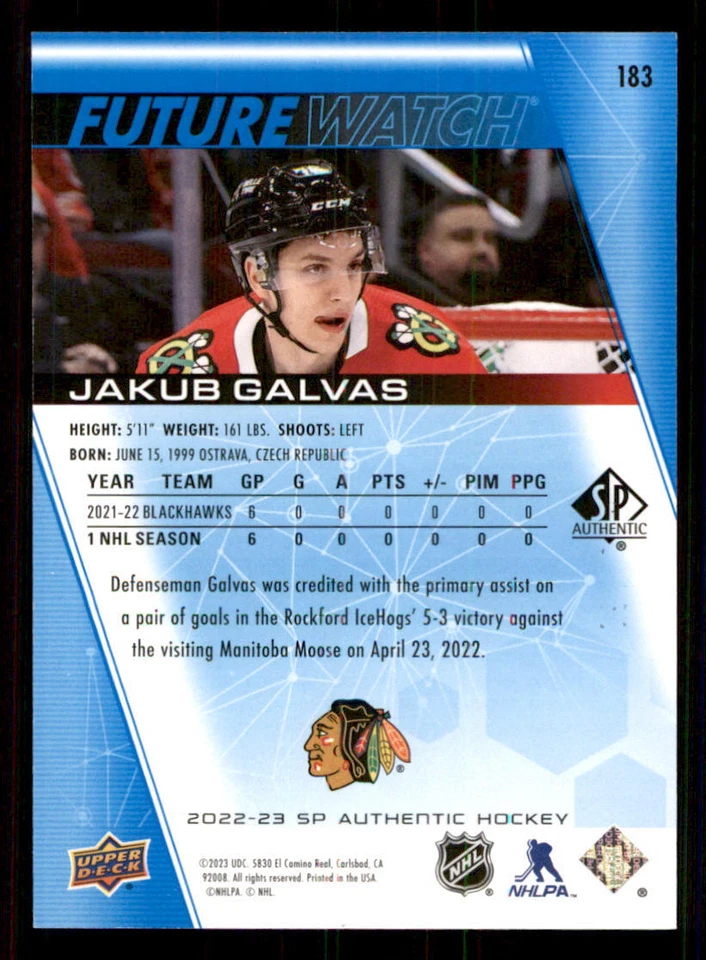 2022-23 SP Authentic Limited Blue #183 Jakub Galvas FW /399 - Image 2 of 2