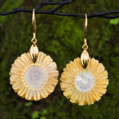 Sonne Blumendesign Perlmutt Muschel Ohrringe & Gold Vermeil Sterling 5.15 G