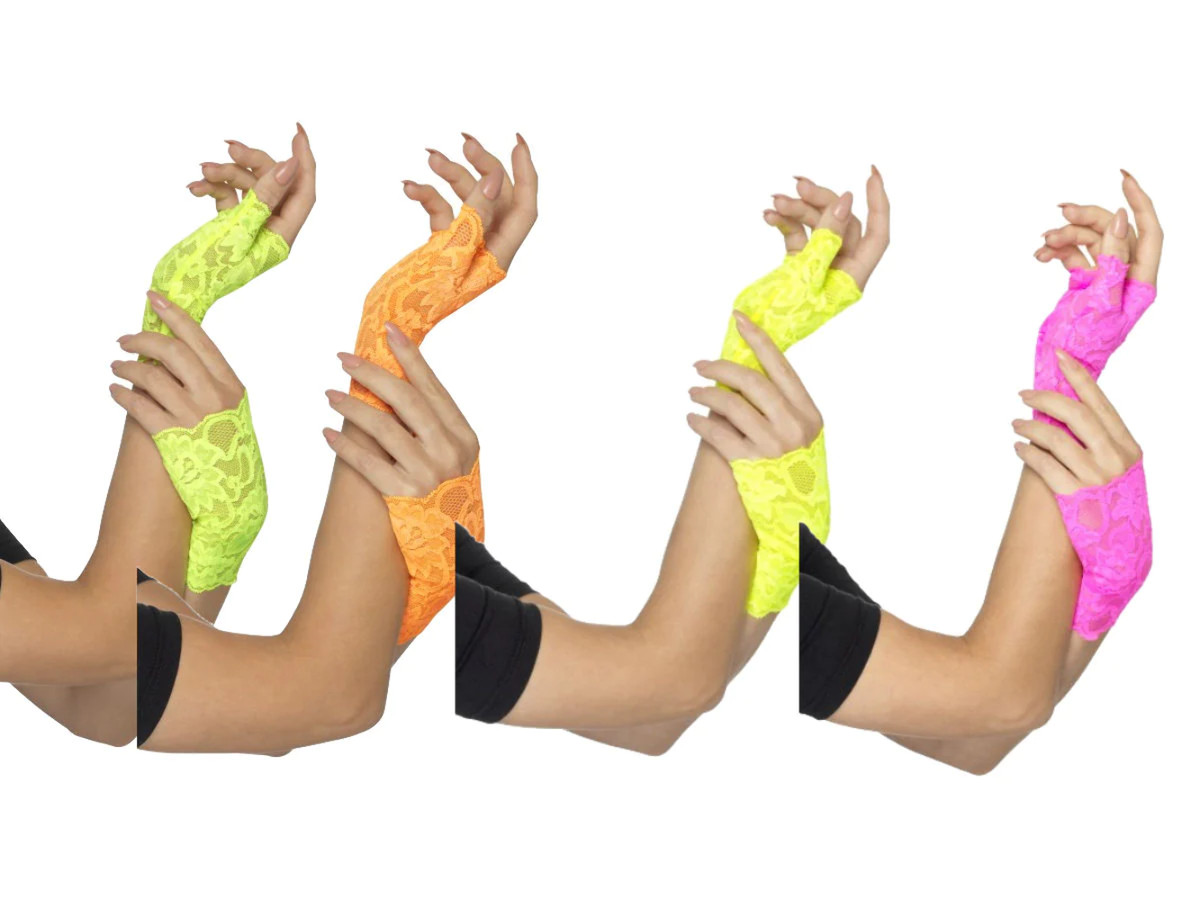 Mujer Encaje Guantes Neón Accesorio de Disfraz 1980s Aerobic Gimnasio Instructor