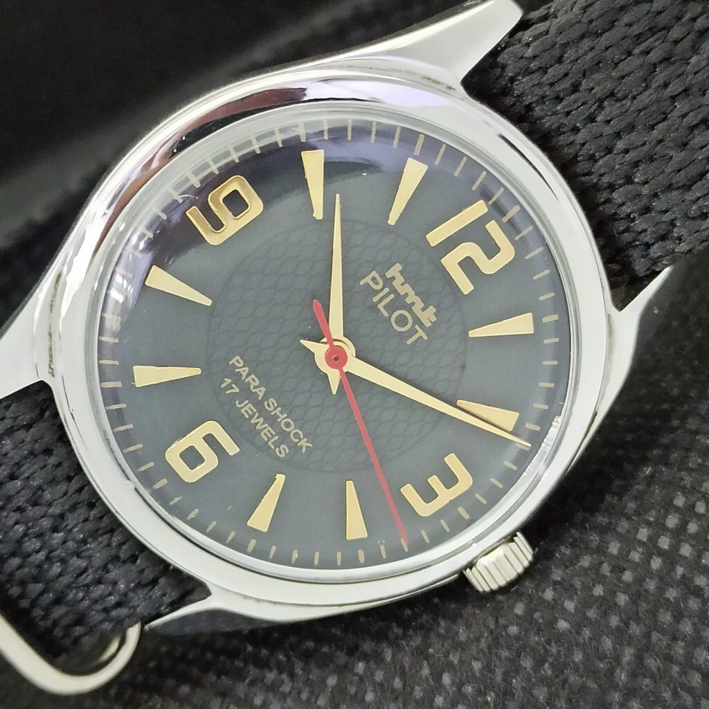GENUINE VINTAGE HMT PILOT WINDING INDIAN MENS BLACK WATCH 556b