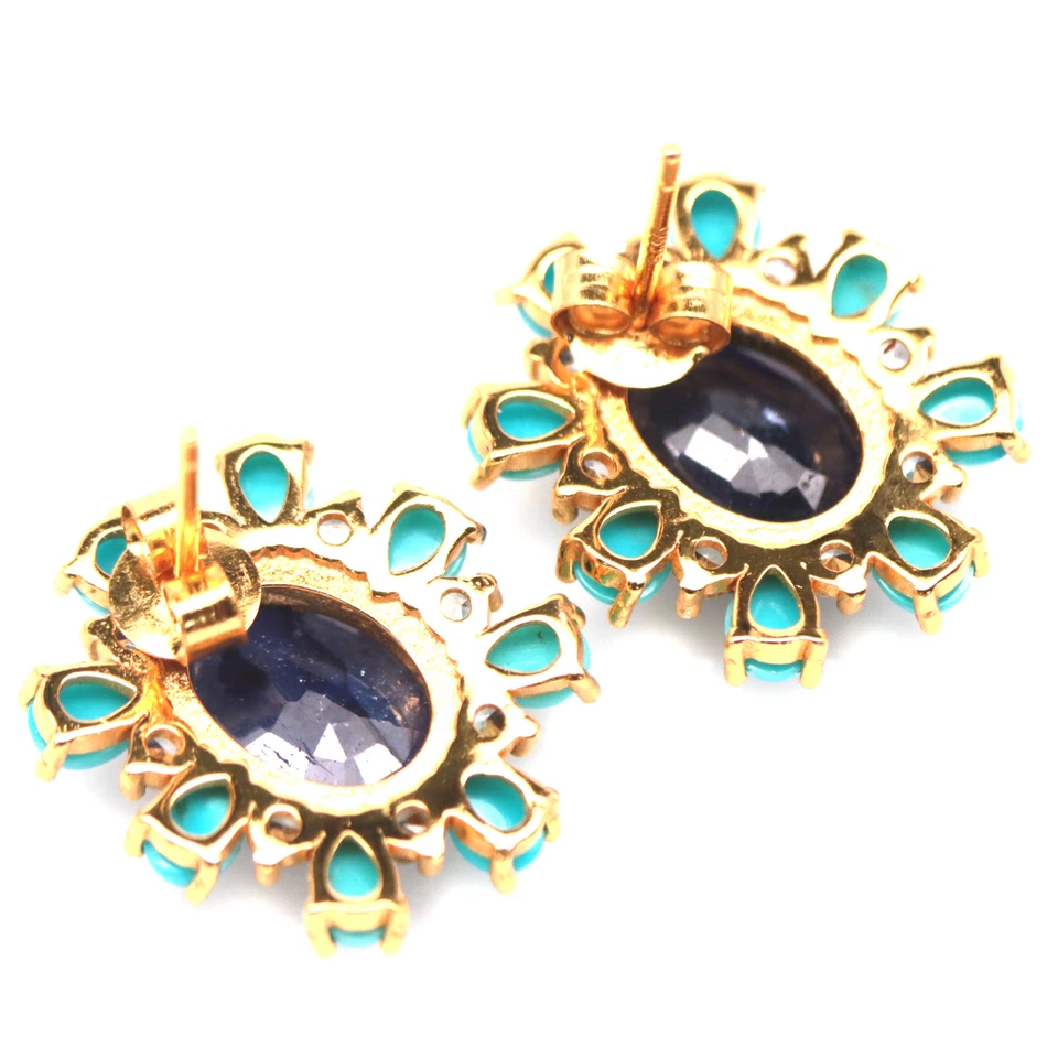 925 Sterlingsilber 9 x 11 Mm. Blauer Saphir, Türkis & Zirkonia Ohrringe - Bild 3 von 4