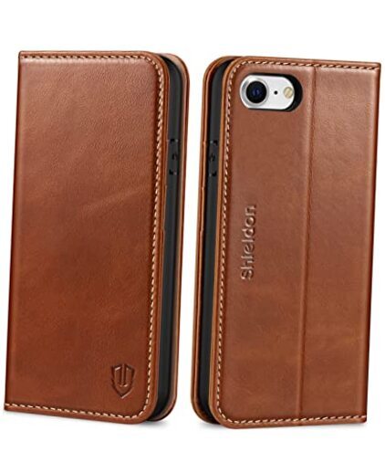 Genuine Leather Wallet Folio Case for iPhone SE 2020 2022 - Retro Brown Style-image