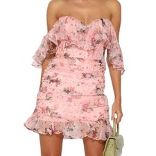 Nasty Gal Off the Shoulder Pink Chiffon Floral Mini Dress Size S