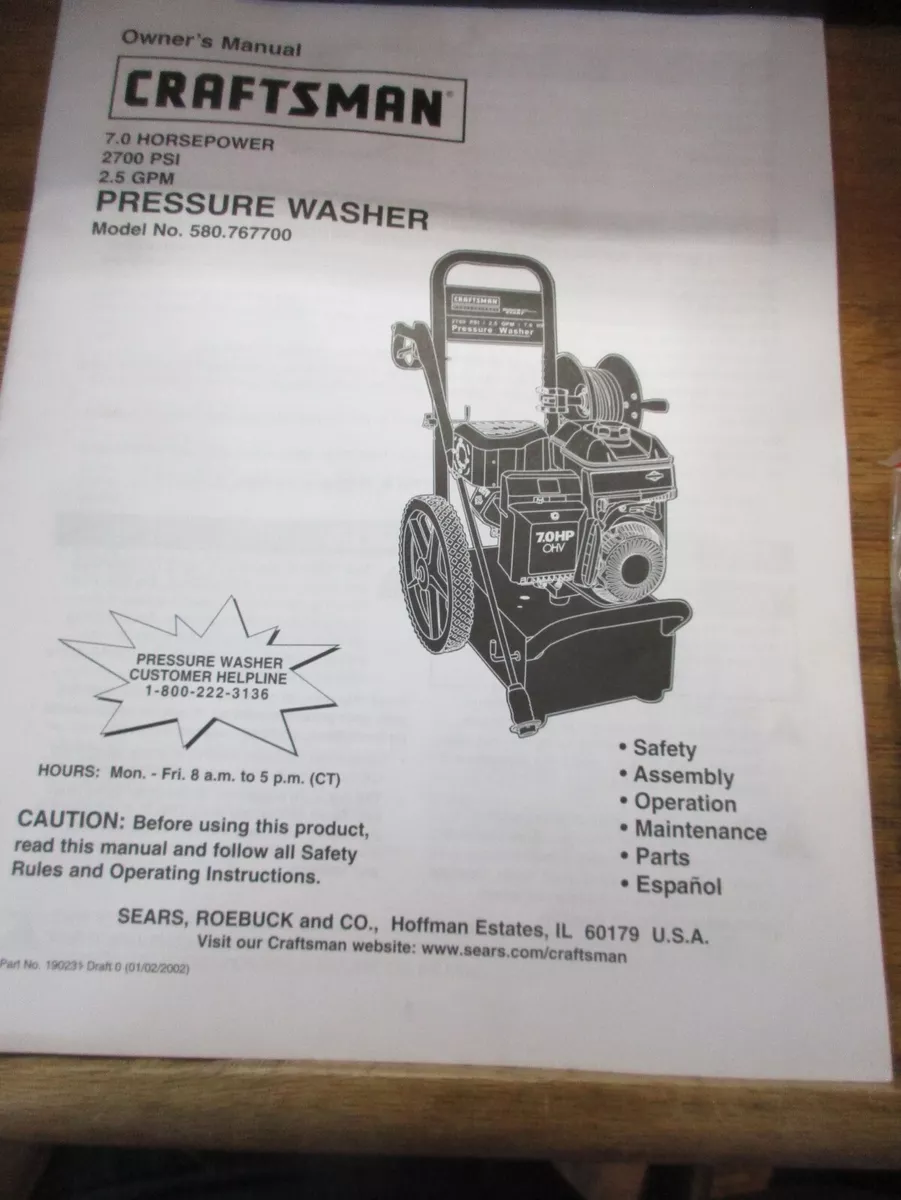 Sears Craftsman Pressure Washer Manual ONLY 7.0 HP 2700 PSI 580.767700