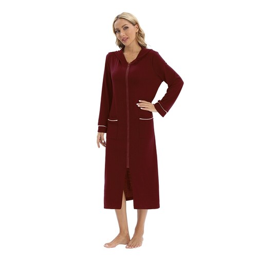 Women'Hooded Zipper Bathrobe Spa Long Sleeve W/Pockets Sleepdress Nightie S-2XL - Picture 5 of 26