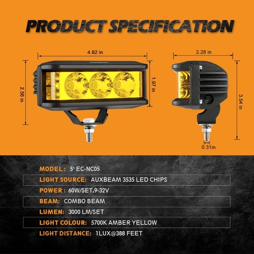 AUXBEAM 5" 68W Ambra LED Barra Luminosa da Lavoro Spot Pod Guida Fuoristrada Camion Fendinebbia - Foto 7 di 12