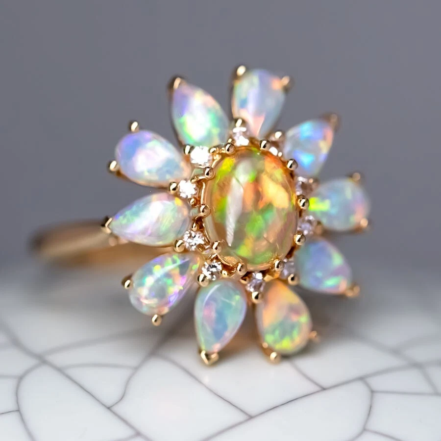 Golden Dahlia –Fire Opal Australian Opal Floral Diamond Engagement Ring 18K Gold - Image 4 of 4