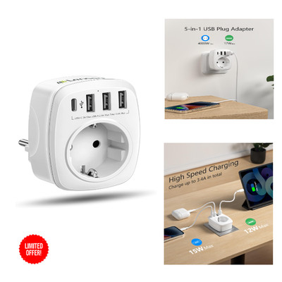 USB Steckdose 5-in-1 Mehrfachstecker Adapter 3 USB-A 1 USB