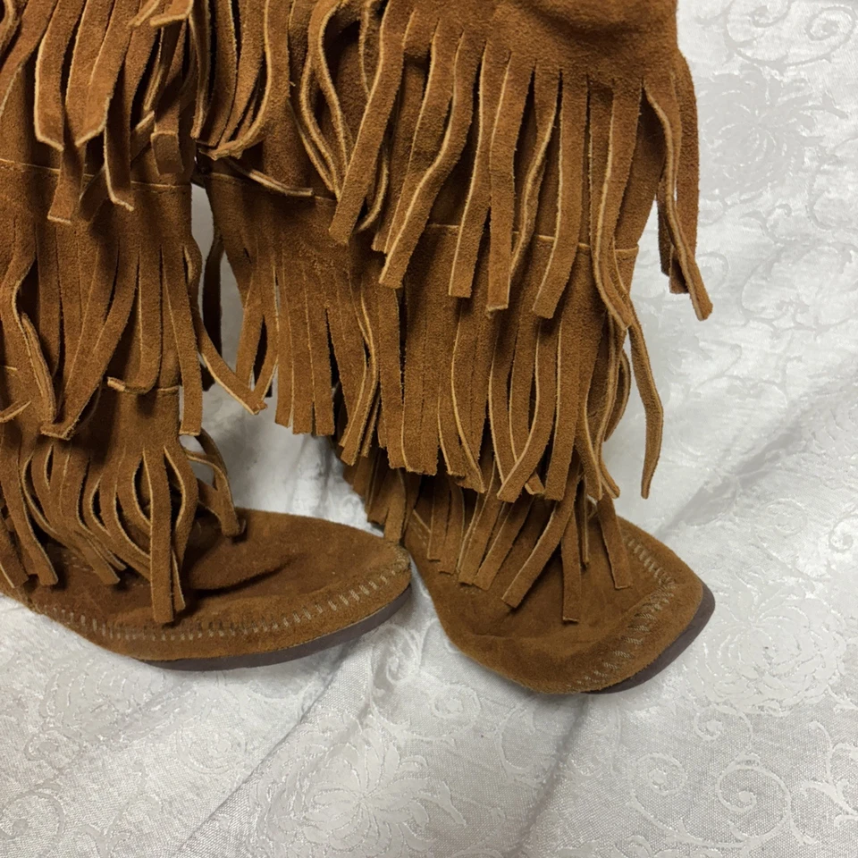 Mujer Marrón Gamuza, Hecho a Mano, Mocasines de Cuero Festival Hippie Nativo Flecos Foto 2 de 4