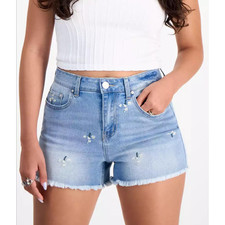 Indigo Rein Juniors' Embroidered Frayed-Hem Denim Shorts 11