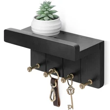 Modern Black 8 Inch Key and Mail Holder for Wall with Shelf 4 Sturdy Hooks