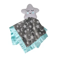Parents Choice Star & Moon Baby Lovey Teal Aqua Gray Plush Satin Trim Blanket