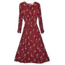 Sézane Dress Womens 36 Red Floral Long Sleeve Fit & Flare Midi Lined Smocked