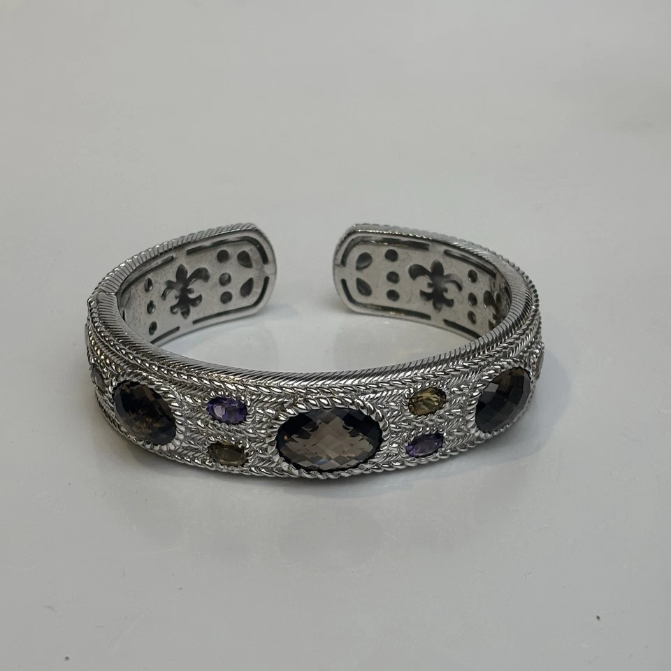 Judith Ripka Bracelet Hinged Cuff 7.5 Smoky Quartz Amethyst Sterling Silver 80g - Image 3 of 4