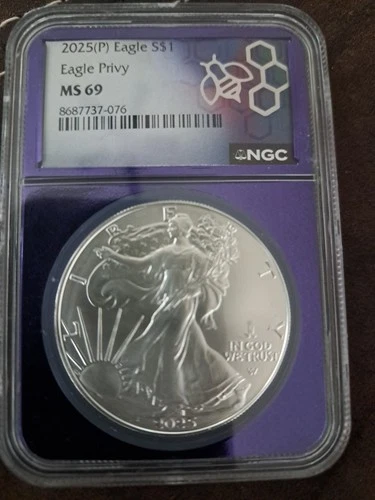 2025 P American Silver Eagle Eagle Privy NGC MS69 In Trader Bea Purple Core