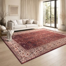 Tapis Salon Oriental Vintage Lavable Poils Courts Antiderapant Rouge Multicolore