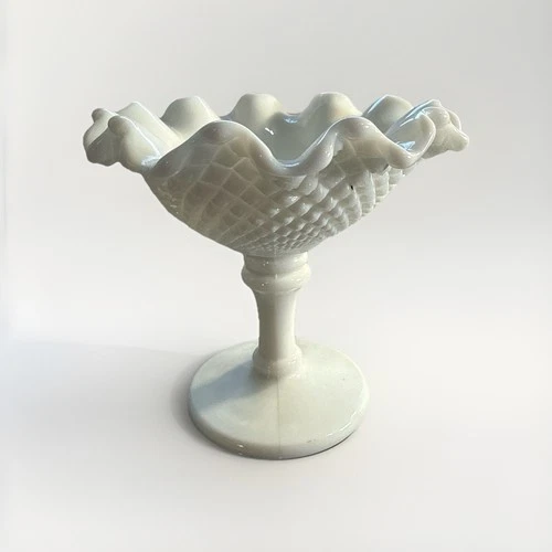 Vintage Fenton Milk Glass Candy Dish White Hobnail Pedestal Compote Ruffled Edge