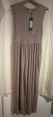 #ad S•DEER Taupe Ribbed Knit Sleeveless Maxi Jumpsuit Round Neck Back Zip Size L $13.00