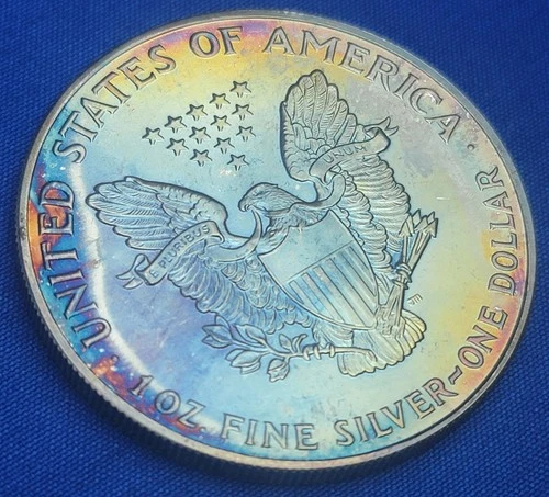 1992 American Eagle .999 Fine Silver Coin Rainbow Toning AU