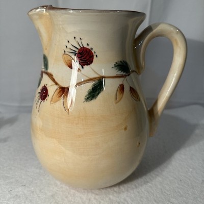 Pottery Barn Ceramic Pitcher 8'' Country Tree Of Life yellow green tan accents