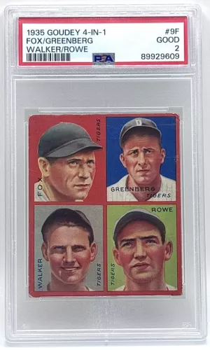 1935 Goudey 4-in-1 #9F Hank Greenberg, Schoolboy Rowe, Pete Fox RC PSA 2 GOOD