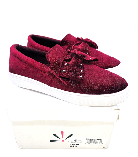 Isaac Mizrahi Beth Velvet Studded Bow Sneaker -Dark Red Fabric, US 8.5M