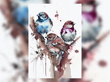 Three Small Birds Watercolor Painting Print Art Decor 5"x7"