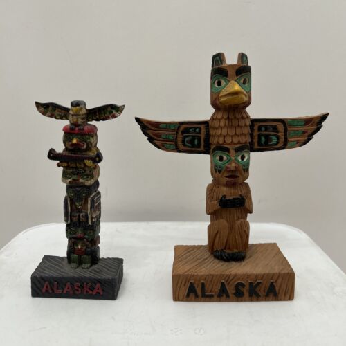🔥LOT x2 Antique Vintage Alaskan Totem Pole Figures Carvings Alaska