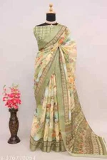 New Linen Cotton Saree Unstitched Blouse Piece Party Wedding Wear For Women