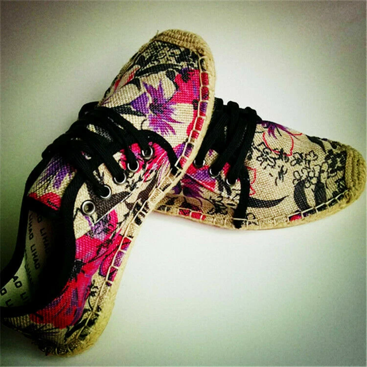 Unsex Mujeres Hombres Estampado Lino Cómodo Lona Mocasín Sin Cordones Alpargatas Zapatos EE. UU. Foto 3 de 4