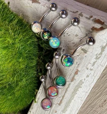 Solitaire Opal Glitter Gem Belly Ring 316L Surgical Steel Navel Naval