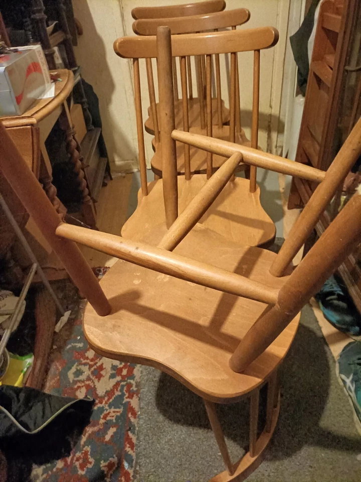 4 Retro Style Stick Plywood Seat Chairs Light Colour Drop Leaf Table  Match Set - Image 2 of 4