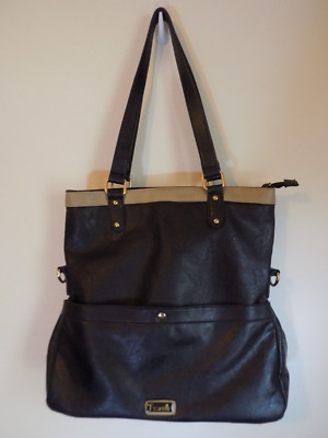 Fiorelli Handbag Tote Black with Tan Strip, Faux Leather 13''x13'', Flat Bottom