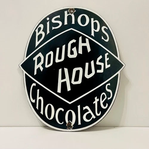 Vintage BISHOPS CHOCOLATES Rough House Porcelain Enamel Classic Sign 10" × 8.5"