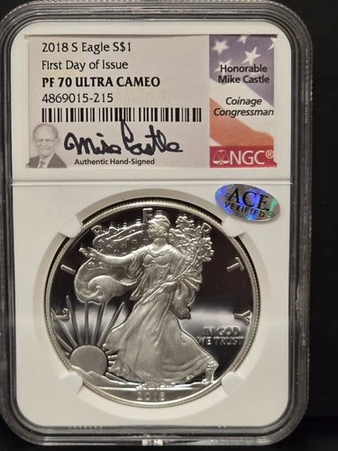 2018-S Proof American Silver Eagle NGC PF70 Ultra Cameo Signed Castle First Day