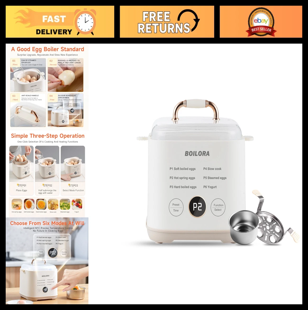 6-in-1 Smart Egg Cooker with Timer, Hard Boiled Eggs, BPA-Free, Auto Shut Off, S