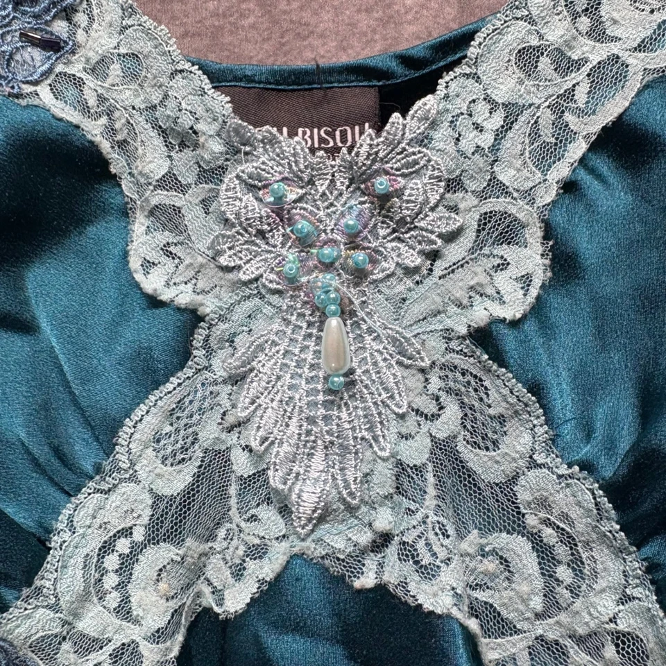 Camiseta sin mangas Y2K Bisou Bisou encaje ribete babydoll camisola talla 12 verde azulado satinado cuentas Foto 3 de 4