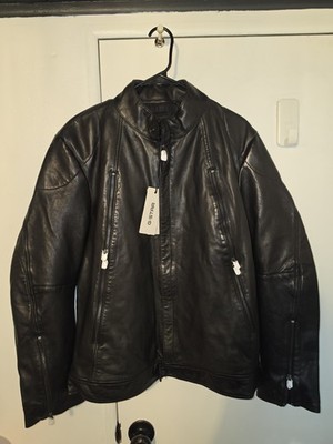 G-Star Men s Black Leather Biker Jacket XL Full Zip Zipped Pockets Band Collar