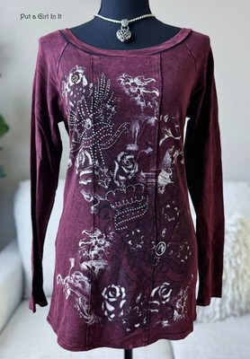 USA New VOCAL APPAREL Womens CRYSTAL BURGUNDY CROSS LONG SLV SHIRT S Small Y2K