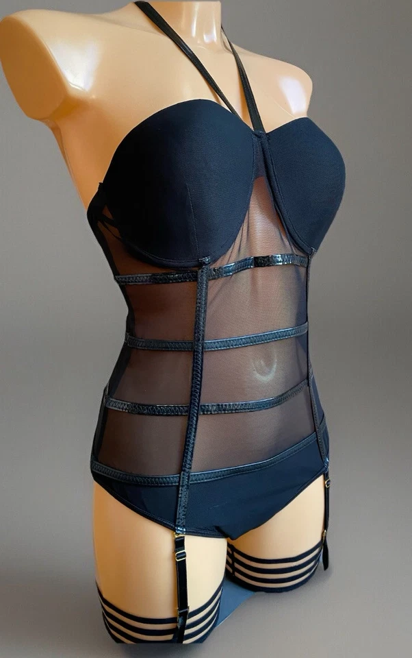 Ann Summers ELASTICA Bodysuit Black Sheer Mesh Faux Leather Strapping, UK 12 - Image 2 of 4