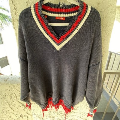Denimist XS Distressed Tennis Sweater Navy Red Oversized V Neck Destroyed Hem