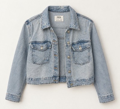 ZARA Washed Light Blue Distressed Boxy Denim Jacket size 11-12 Girls XS/S women