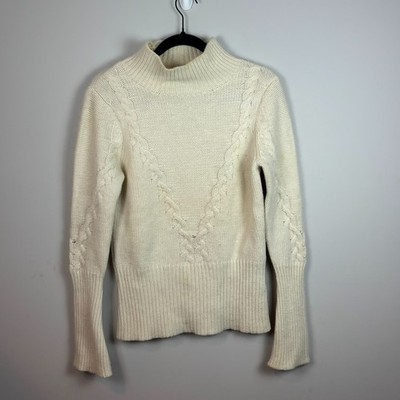 Gant Woman Beige 100% Wool Cable Knit Sweater SZ MED Classic Soft Flare Sleeve