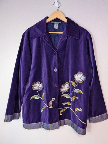 Jessica Holbrook Velvet Blazer M Purple Button Up Floral Embroidered VINTAGE 119 - Picture 1 of 8