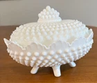 Vintage Fenton White Milk Glass Hobnail Oval Footed Covered Candy Dish with Lid